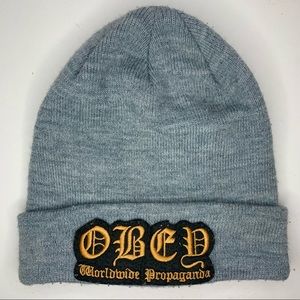 Obey Old English Font Grey Winter Beanie